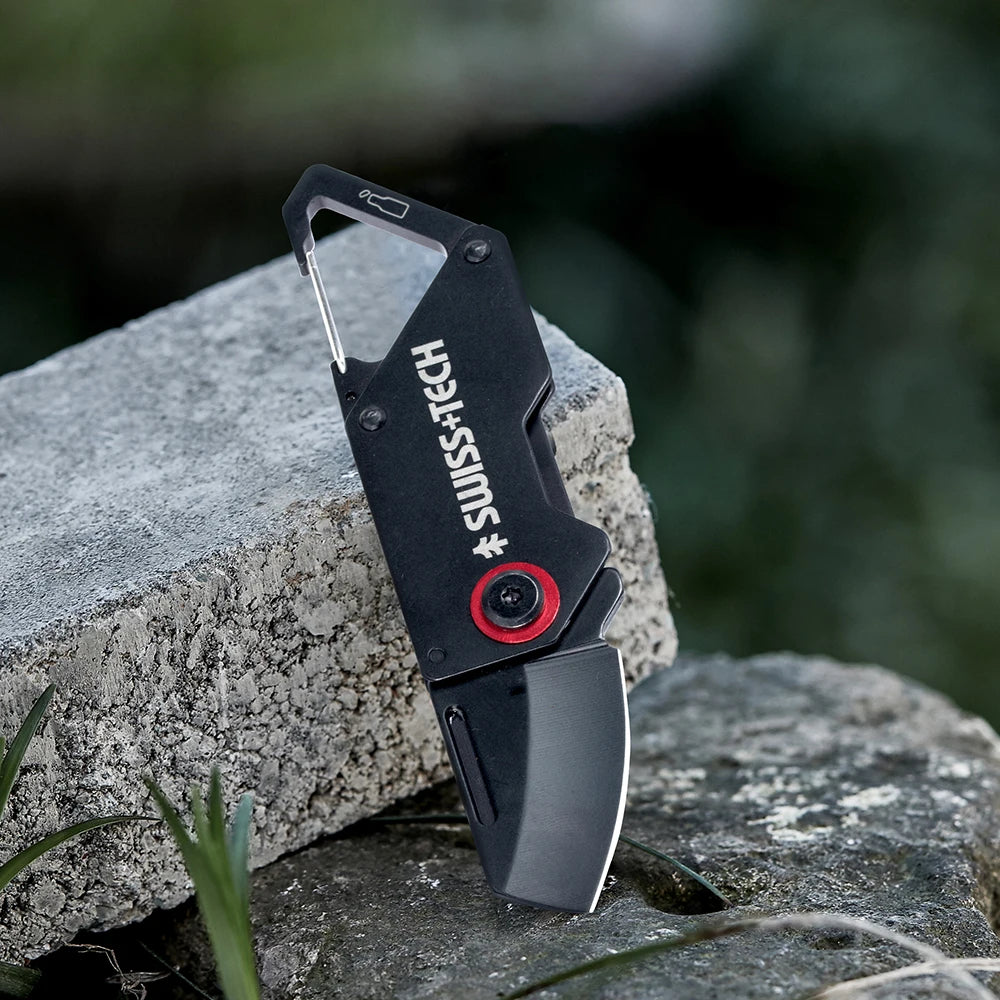 SWISS TECH Mini Folding Knife Multitool Pocket Knives With Carabiner Clip Camping EDC Portable Keyring Box Cutter Bottle Opener
