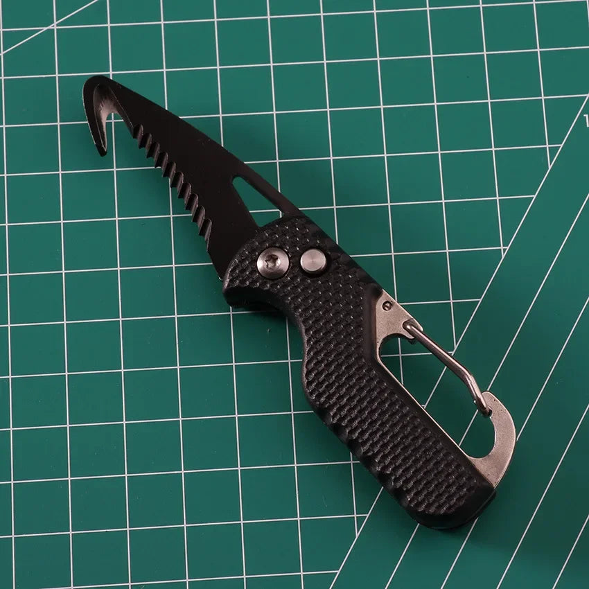 Outdoor Camping Portable Folding Knife Multifunctional Serrated Hook Knife Stainless Keychain Survival Cutter Tool Box Opener