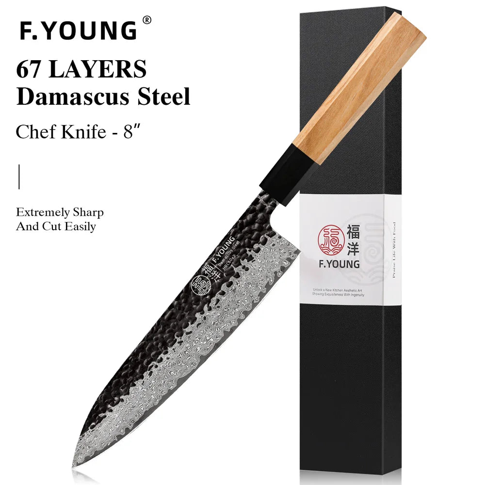 F.YOUNG Damascus Steel Kitchen Knives Japanese Hand Forged Chef Knife Vegetable Slicing Sashimi Utility Kitchen Cooking Tools