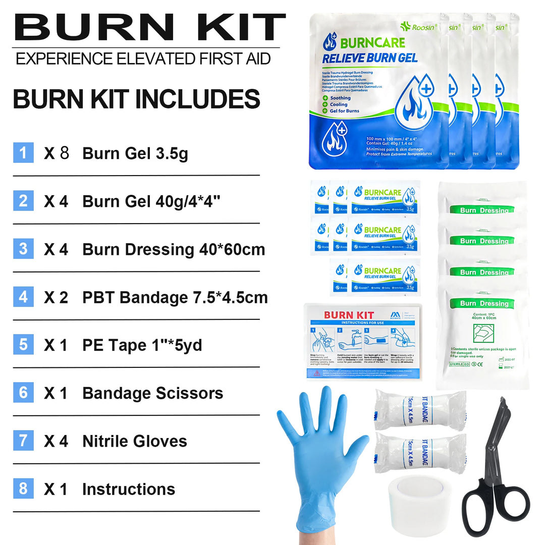 Burn Kits for Scald,  Sunburn, Burn Care Essential First Aid Kits Include Emergency Burn Gel,Burn Cream Ointment, Burn Dressing
