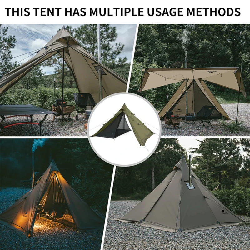 Naturehike Ranch Fire Teepee Hot Tent 4 Season With Chimney Hole for 4 People 210T Rainproof Camping Outdoor Travel Pyramid Tent