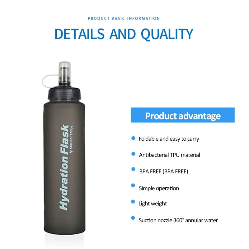 500ml TPU Water Bag Ultralight Outdoor Sport Folding Soft Flask Drink Water Bottle For Running Camping Hiking Bicycle Fitness