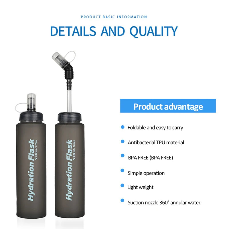 500ML Outdoor Soft Bottle BPA Folding Free Hydration Water Bottle Portable Sports Water Bag for Running Hiking Cycling Climbing