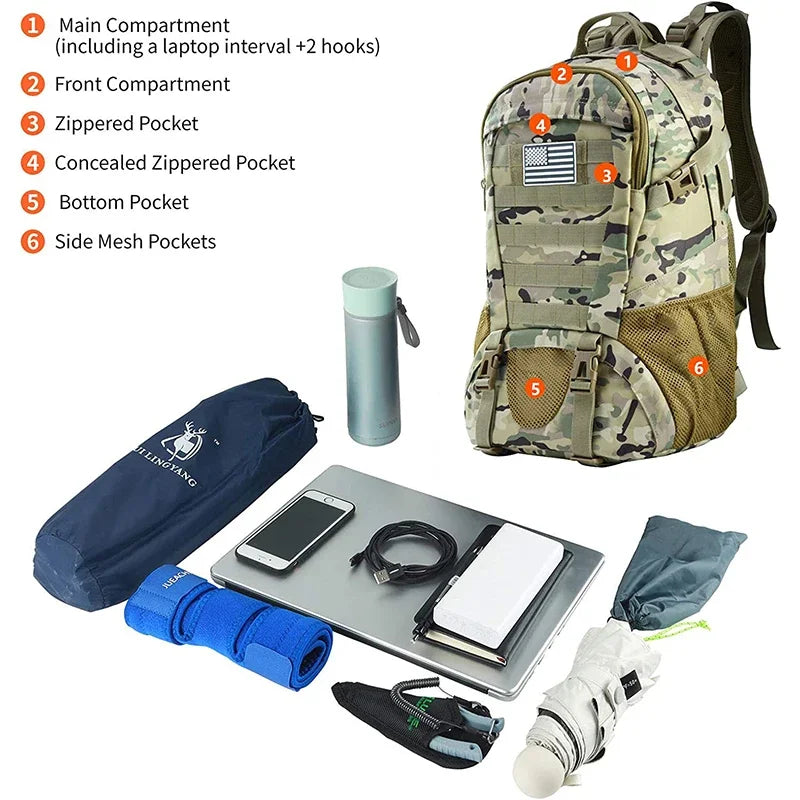 Large Capacity Travel Backpack Waterproof Hiking Camping Hunting Hiking Bag Camouflage Outdoor Cross-Country Sports Shoulder Bag