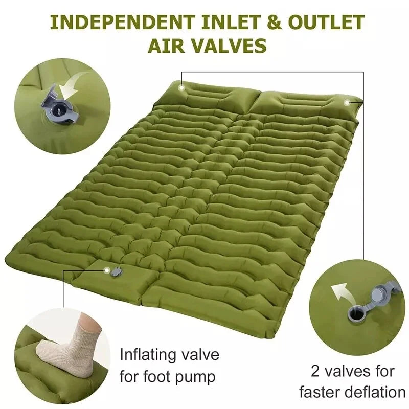 Outdoor 2 Persons Travel Bed Air Mat Double Sleeping Pad for Camping Self-Inflating Mat Sleeping Mattress with Pillow for Hiking
