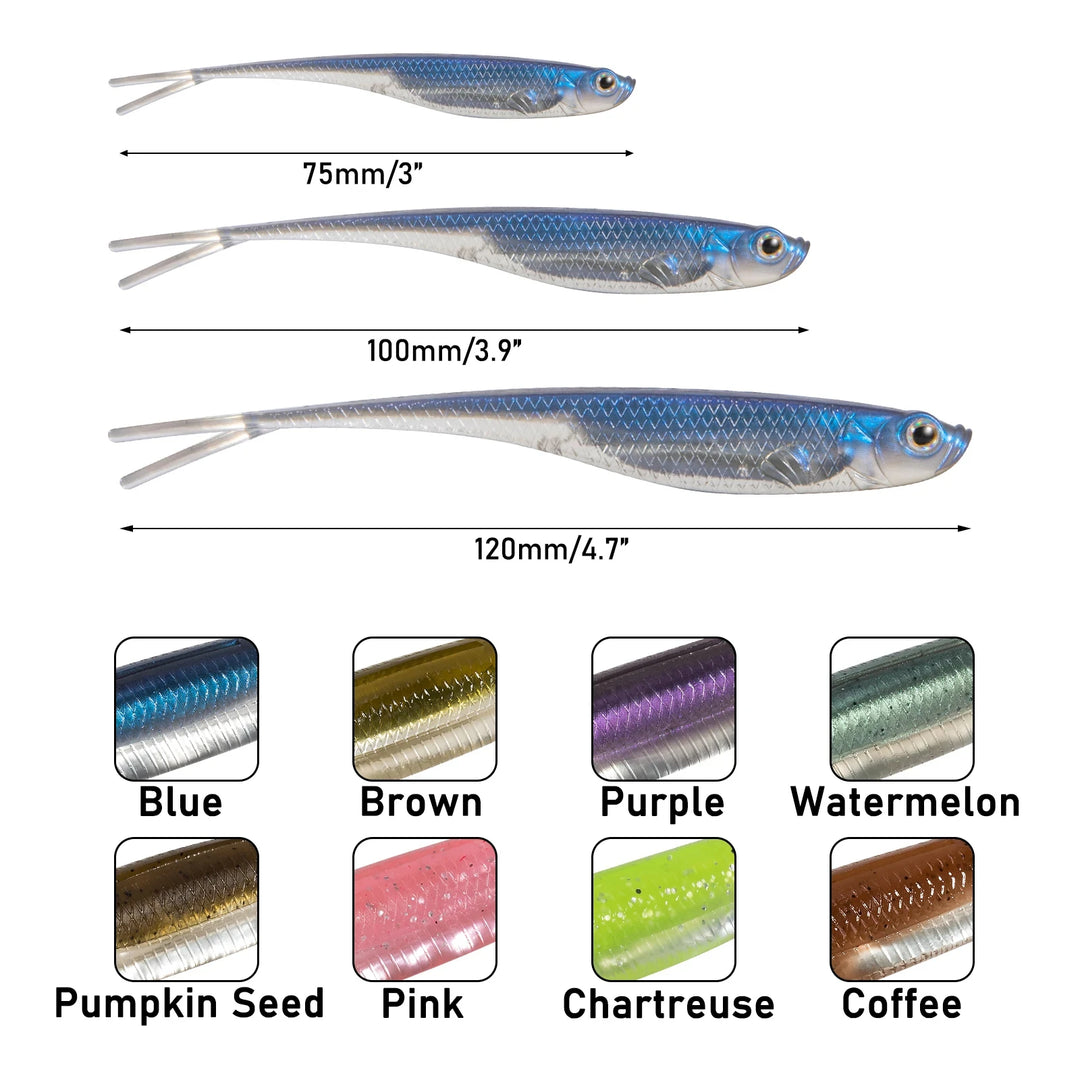 Dr.Fish 5/6pcs Fishing Soft Lure Plastic Saltwater Fork Tail Drop Shot Silicone Soft Bait Worm Bass Trout Pike Walleye Weedless