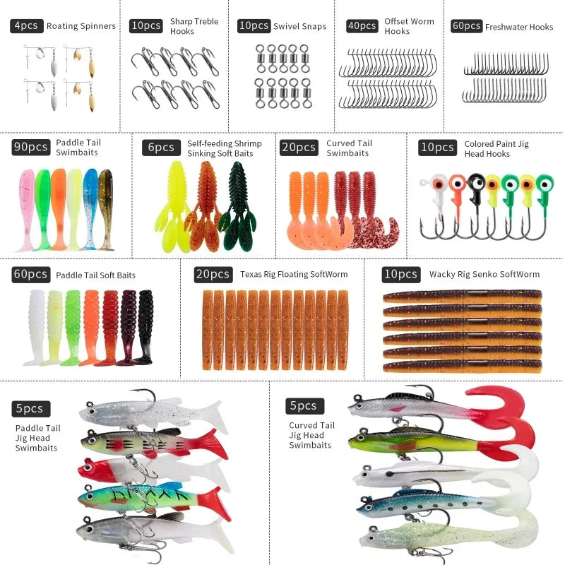 350PCS Fishing Lures Set Freshwater Soft  Silicone Bait Kit Artificial Wobbler Metal Jig Spoons Hook Fishing Accessories Tackles