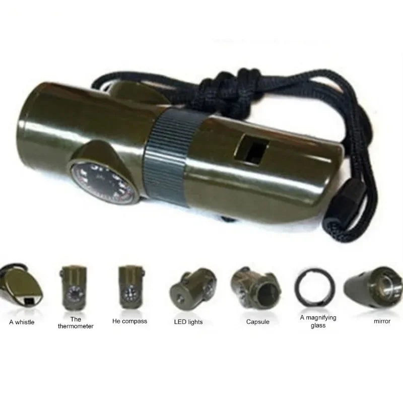 Survival Whistle with 6-in-1 Functions - LED Flashlight Compass Mirror Thermometer & Magnifier for Hiking Emergency