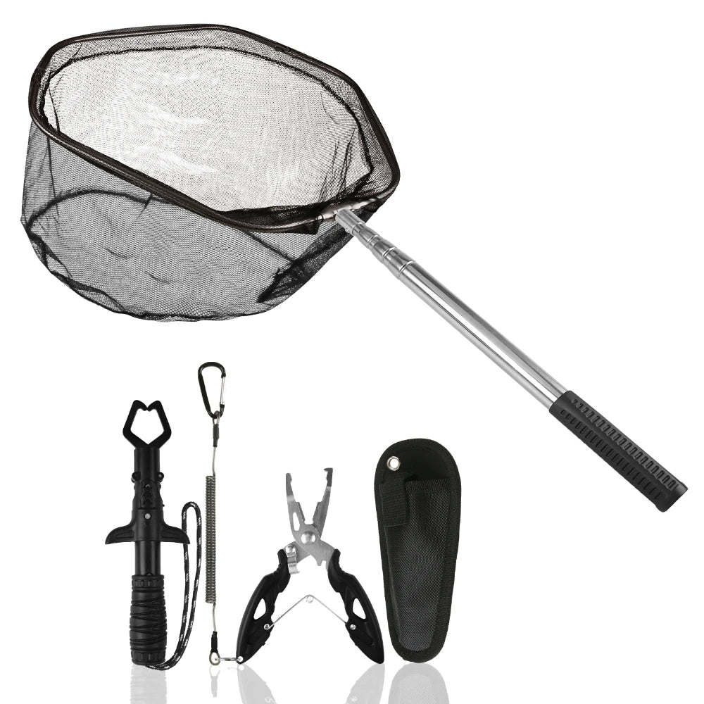 Fishing Landing Net with Telescoping Pole Handle Foldable Trout Catfish Fishing Net Extend to 155cm Freshwater Catch & Release