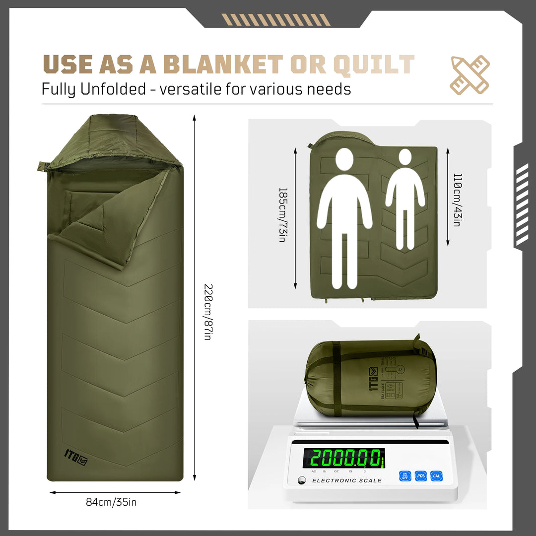 1TG Tactical Sleeping Bags for Adults, 34°F to 43°F Ultralight Warm Cold Weather Sleeping Bag for Camping, with Compression Sack