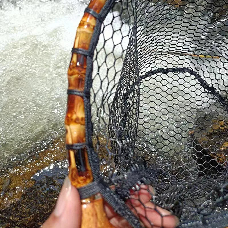 Fly Fishing Landing Net with Wood Handle, Wooden Frame, Soft Rubber Mesh, Waterproof Nylon Nets with Magnetic Release