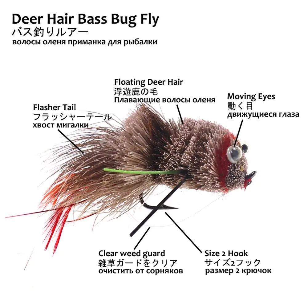 Wifreo Fly Fishing Deer Hair Bass Bug Mouse Rat Fly Floating Surface Frog Flies with Weed Guard Hook #2 #2/0