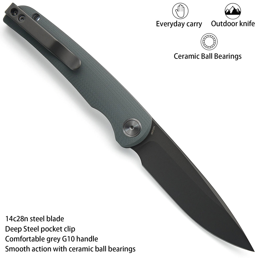 Miguron Knives Akri Front Flipper Folding Knife 3.18" Dark Grey PVD 14C28N Blade Grey G10 Handle Camping Hiking Pocket Knife
