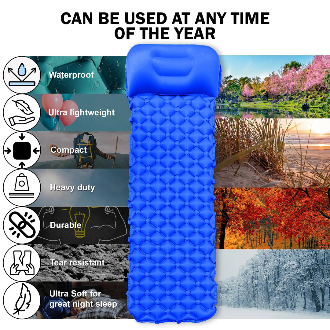 Inflatable Sleeping Camping Mat with Pillow 190L x 64W x 6Th centimetres - Ultralight, Waterproof, Compact Sleeping Pad