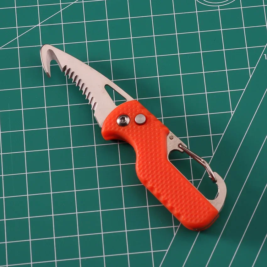 Outdoor Camping Portable Folding Knife Multifunctional Serrated Hook Knife Stainless Keychain Survival Cutter Tool Box Opener