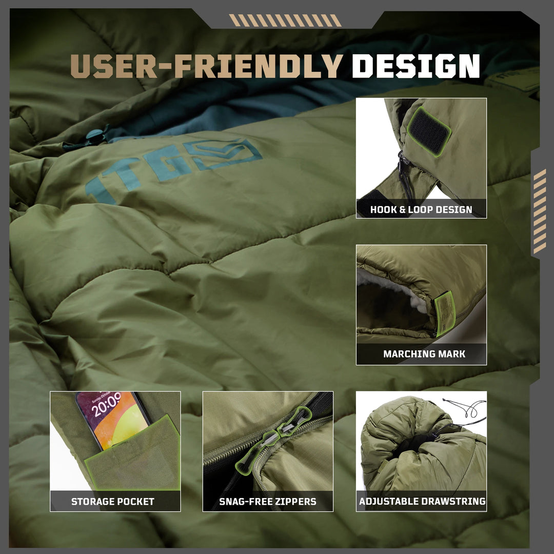 1TG Tactical Sleeping Bags for Adults, 34°F to 43°F Ultralight Warm Cold Weather Sleeping Bag for Camping, with Compression Sack