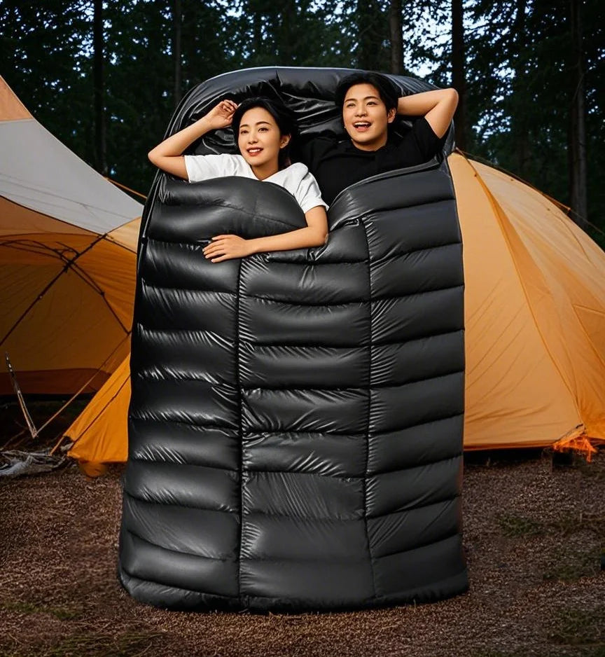 Checkered design, double sleeping bag, camping, cold protection and warmth, 93% white duck down 2000g filling, down sleeping bag