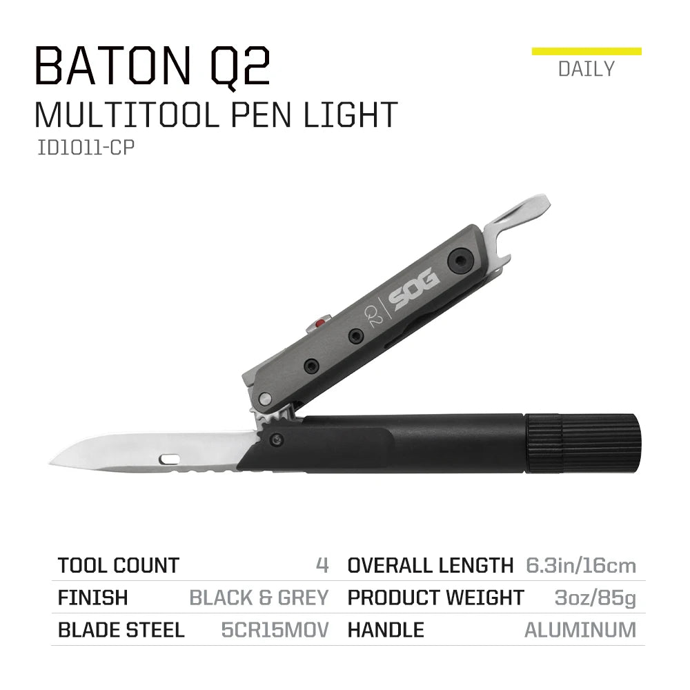 SOG BATON Q2 4-in-1 EDC Pen Multitool with LED Flashlight, Knife & Screwdriver, Compact Survival Gear for Camping, Emergency