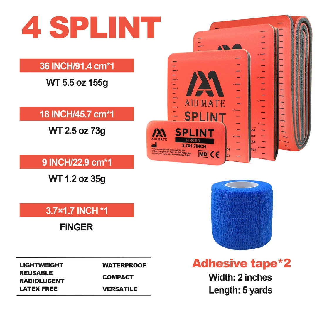 Emergency Survival Splint kit for Arm Leg Finger Fracture 4 Splints 2 Adhersive Bandage Set Reusable Cutable Portable First Aids