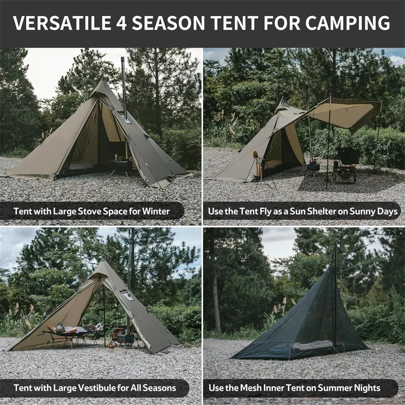 Naturehike Ranch Fire Teepee Hot Tent 4 Season With Chimney Hole for 4 People 210T Rainproof Camping Outdoor Travel Pyramid Tent