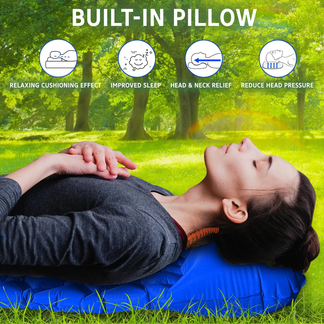 Inflatable Sleeping Camping Mat with Pillow 190L x 64W x 6Th centimetres - Ultralight, Waterproof, Compact Sleeping Pad