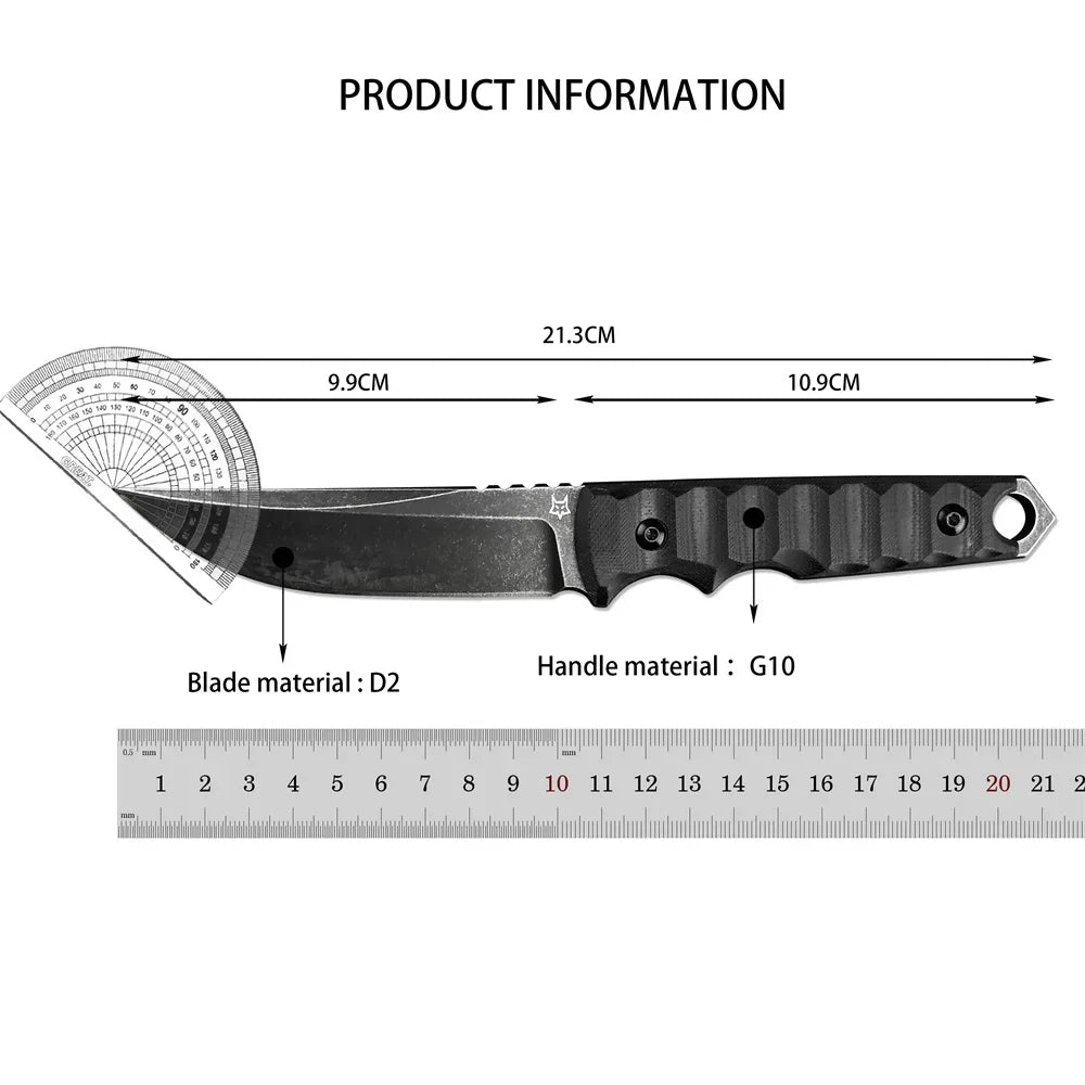 FX-634 Ryu Outdoor Fixed Blade Knife with Sheath D2 Stonewashed Tanto Blade Camping Hunting Survival Pocket Knives