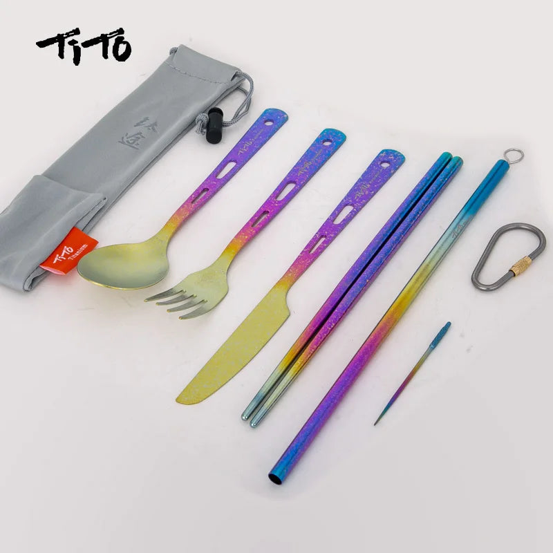 TiTo Titanium Ultralight Cutlery Outdoor Portable Knife Fork Spoon Straw Toothpick Chopstocks Camping Hiking Travel Flatware Set