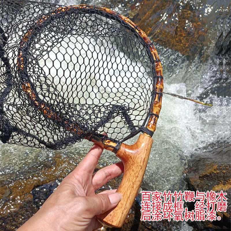 Fly Fishing Landing Net with Wood Handle, Wooden Frame, Soft Rubber Mesh, Waterproof Nylon Nets with Magnetic Release
