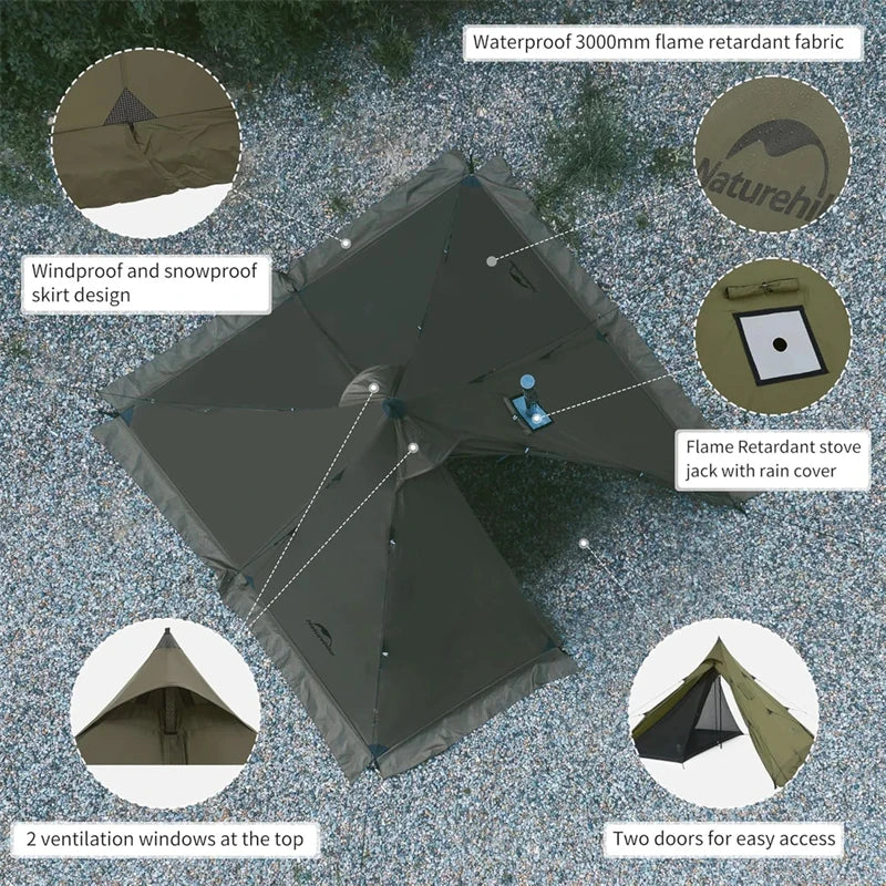 Naturehike Ranch Fire Teepee Hot Tent 4 Season With Chimney Hole for 4 People 210T Rainproof Camping Outdoor Travel Pyramid Tent