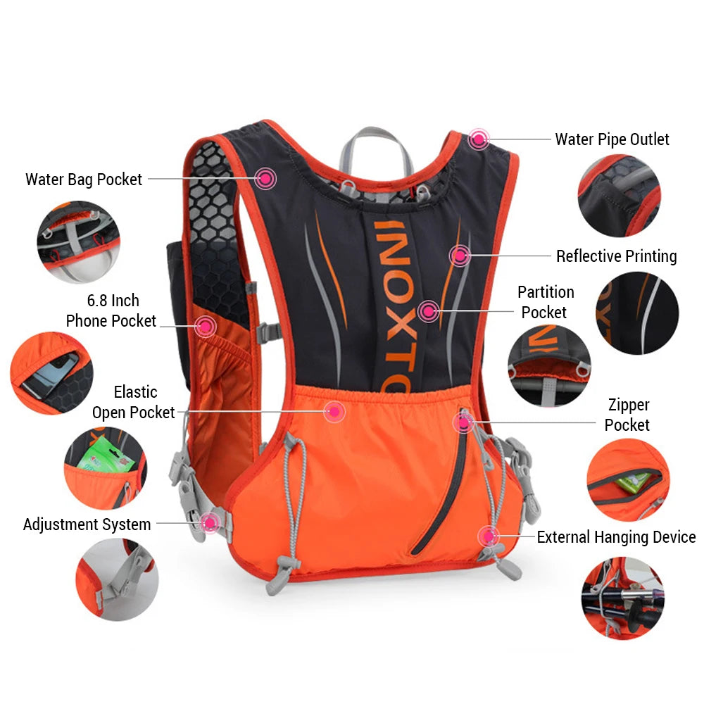 5L Hydration Vest Backpack Water Running Vest Pack w 1pc 1.5L Water Bladder and 2pcs 450ml Soft Water Bottles Cycling Backpack
