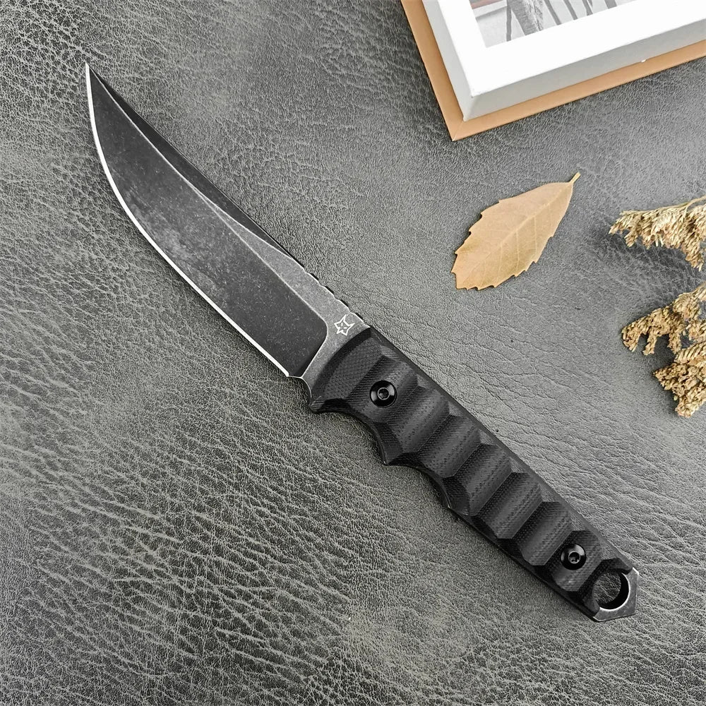FX-634 Ryu Outdoor Fixed Blade Knife with Sheath D2 Stonewashed Tanto Blade Camping Hunting Survival Pocket Knives