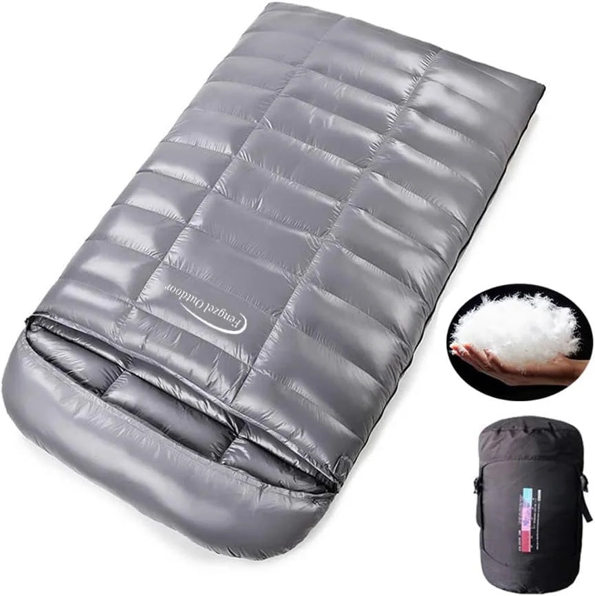 Checkered design, double sleeping bag, camping, cold protection and warmth, 93% white duck down 2000g filling, down sleeping bag
