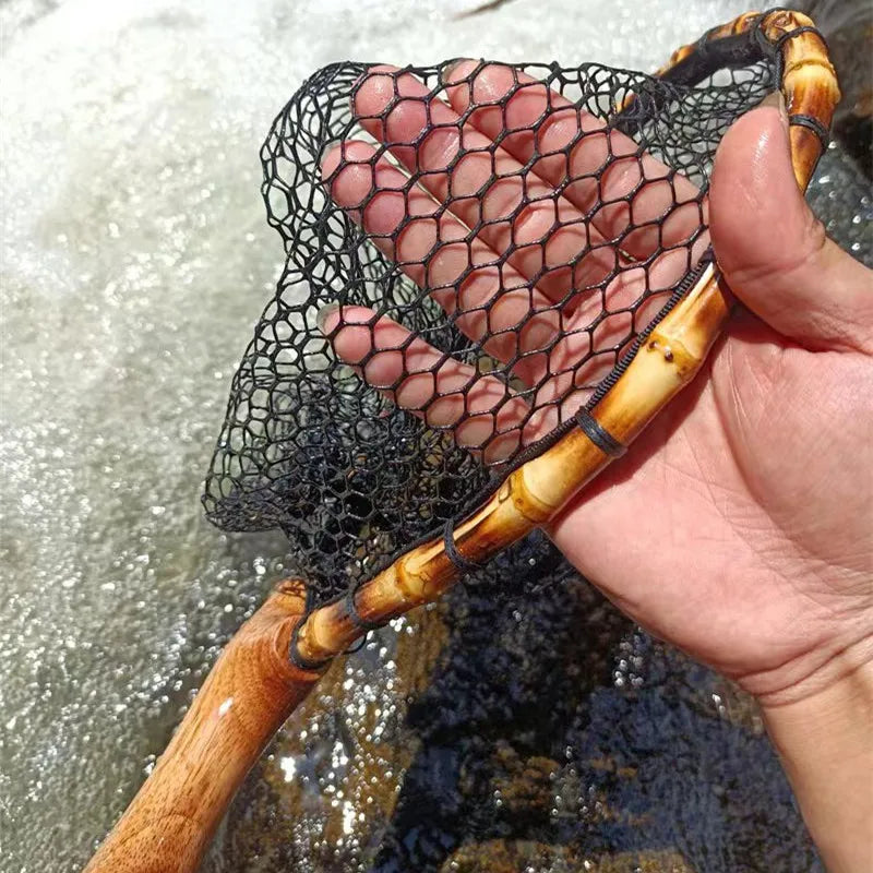 Fly Fishing Landing Net with Wood Handle, Wooden Frame, Soft Rubber Mesh, Waterproof Nylon Nets with Magnetic Release