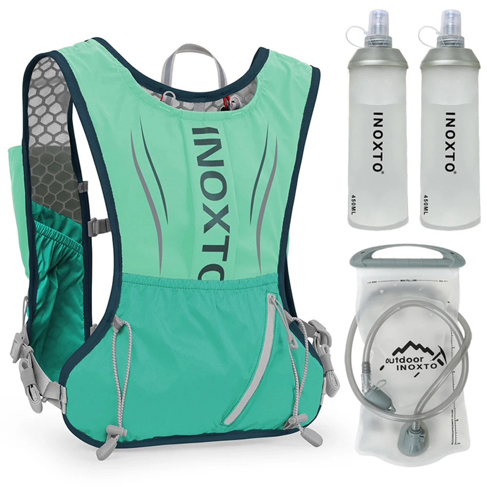 5L Hydration Vest Backpack Water Running Vest Pack w 1pc 1.5L Water Bladder and 2pcs 450ml Soft Water Bottles Cycling Backpack