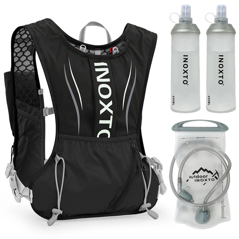 5L Hydration Vest Backpack Water Running Vest Pack w 1pc 1.5L Water Bladder and 2pcs 450ml Soft Water Bottles Cycling Backpack