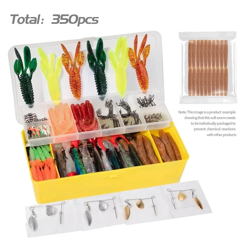 350PCS Fishing Lures Set Freshwater Soft  Silicone Bait Kit Artificial Wobbler Metal Jig Spoons Hook Fishing Accessories Tackles