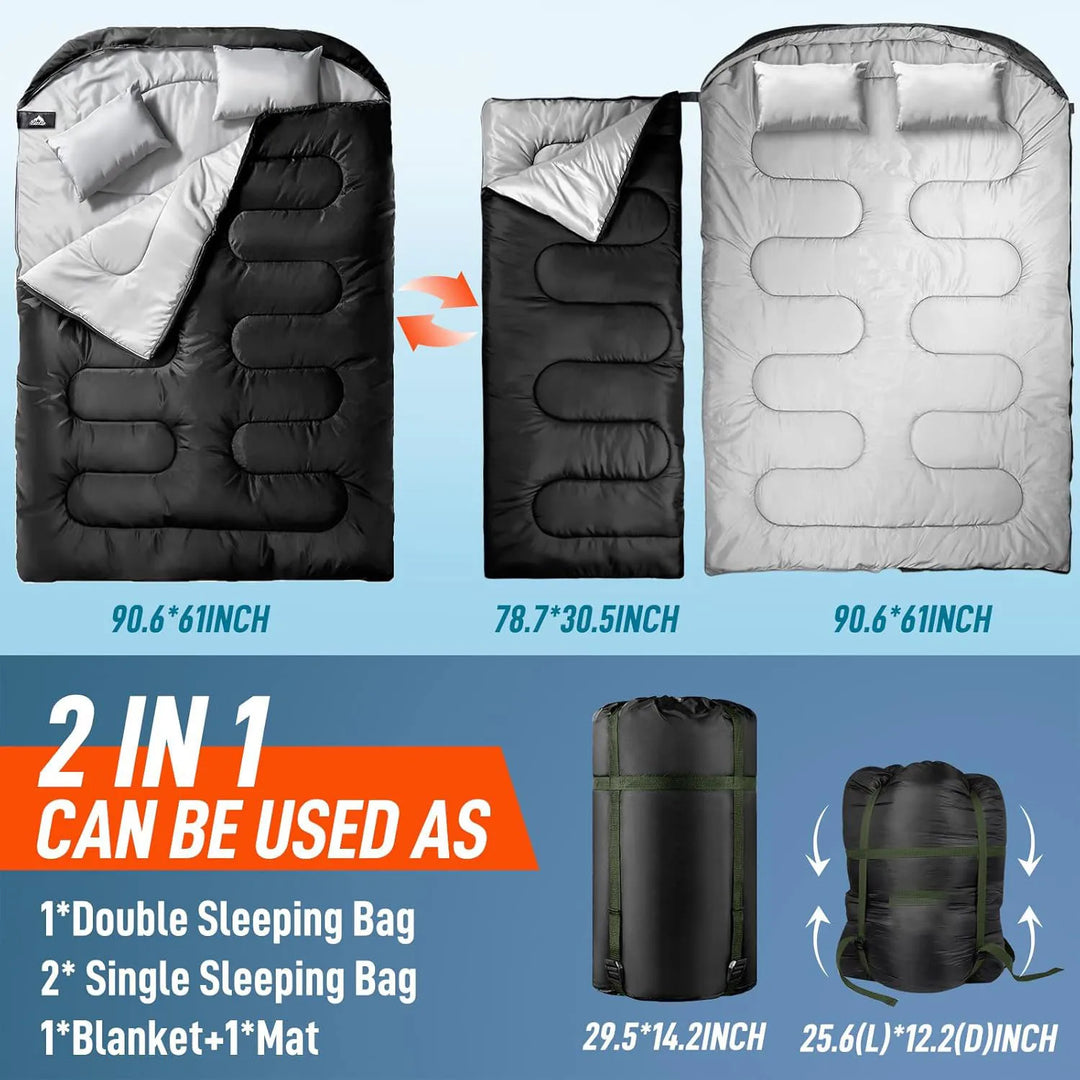 Adult double sleeping bag,XL large double sleeping bag, four-season camping hiking backpack, two-person sleeping bag, suitable f