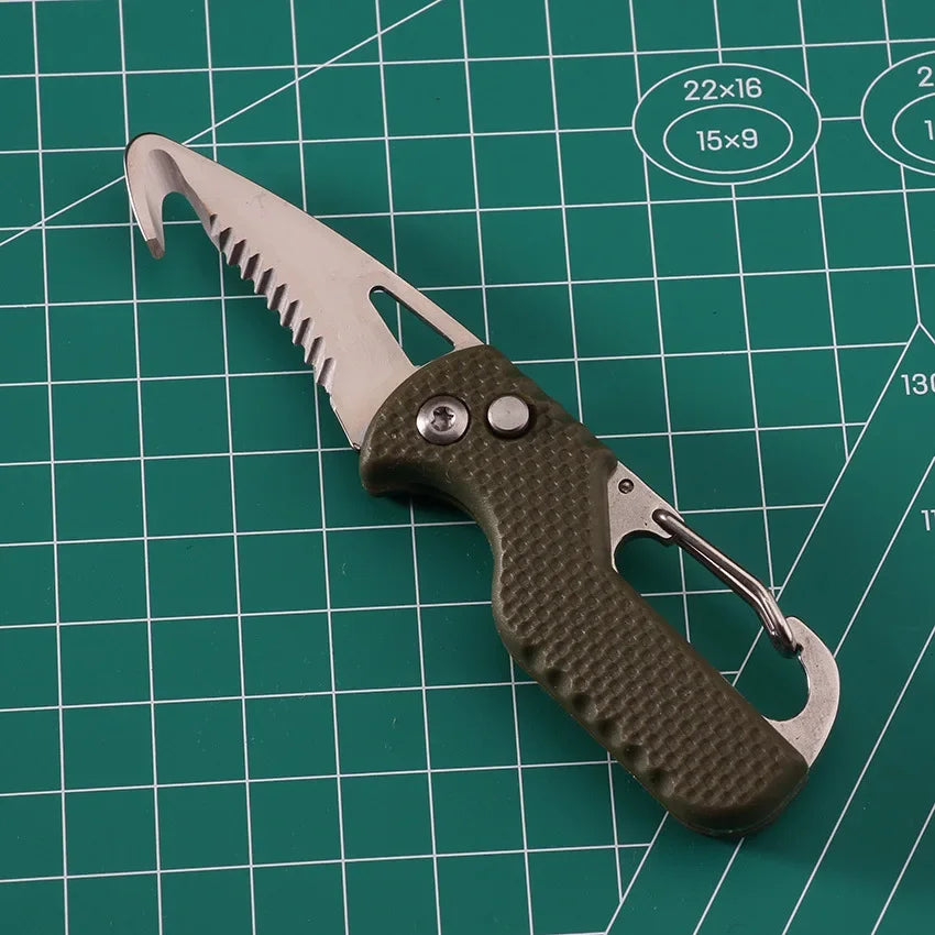 Outdoor Camping Portable Folding Knife Multifunctional Serrated Hook Knife Stainless Keychain Survival Cutter Tool Box Opener