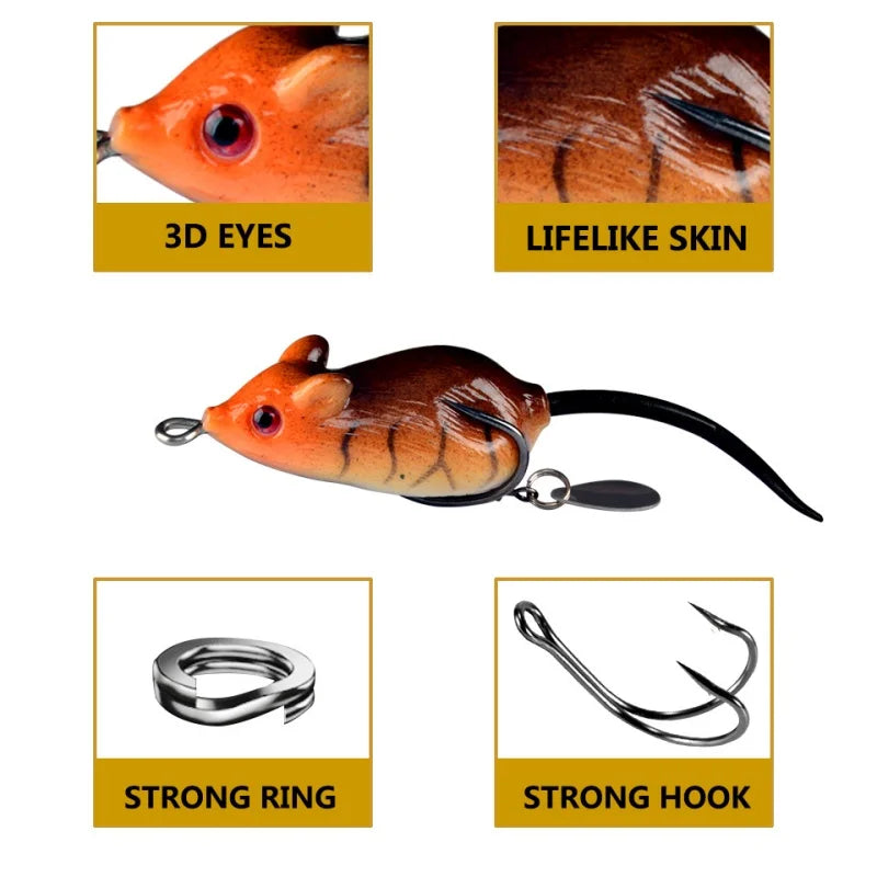 5cm 3D Artificial Mouse Fishing Lure Soft Silicone Bionic Floating Baits Freshwater Double Hook Barb Thunder Frog Catfish Bait