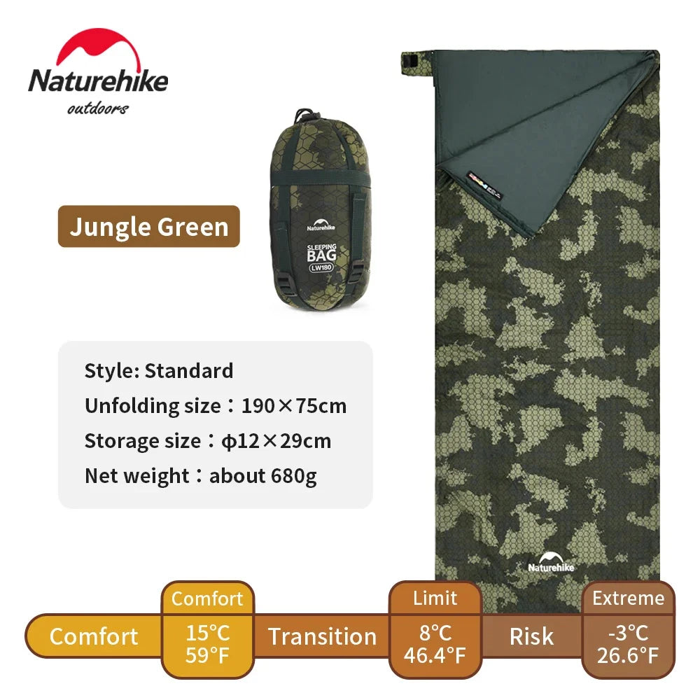Naturehike Sleeping Bag LW180 Ultralight Waterproof Cotton Sleeping Bag Summer Hiking Camping Sleeping Bag Envelope Sleeping Bag