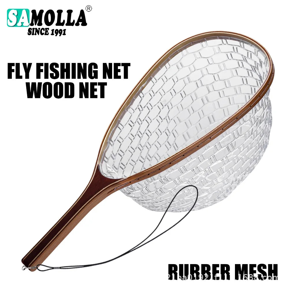 Fly Fishing Landing Rubber Trout Catch And Release Net Fishing Landing Net With Wooden Pole Outdoor Fishing tool