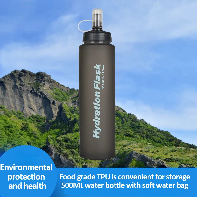 500ML Outdoor Soft Bottle BPA Folding Free Hydration Water Bottle Portable Sports Water Bag for Running Hiking Cycling Climbing