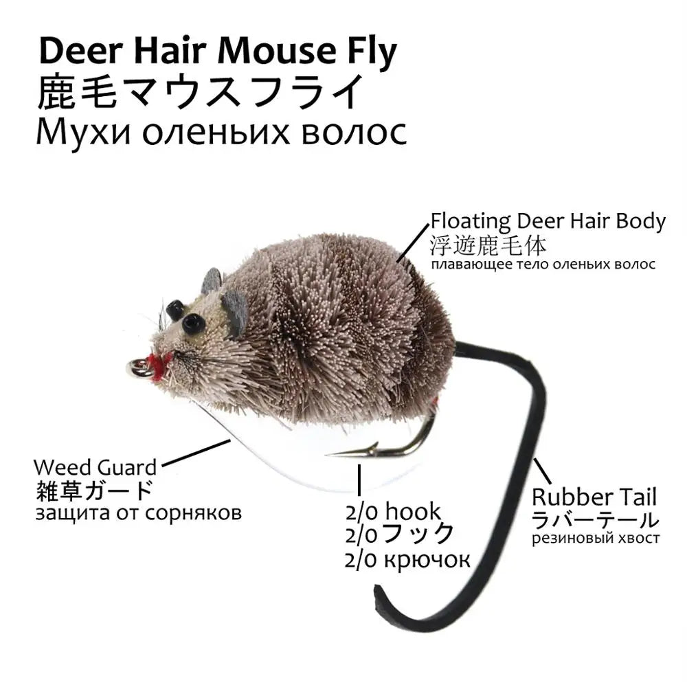 Wifreo Fly Fishing Deer Hair Bass Bug Mouse Rat Fly Floating Surface Frog Flies with Weed Guard Hook #2 #2/0