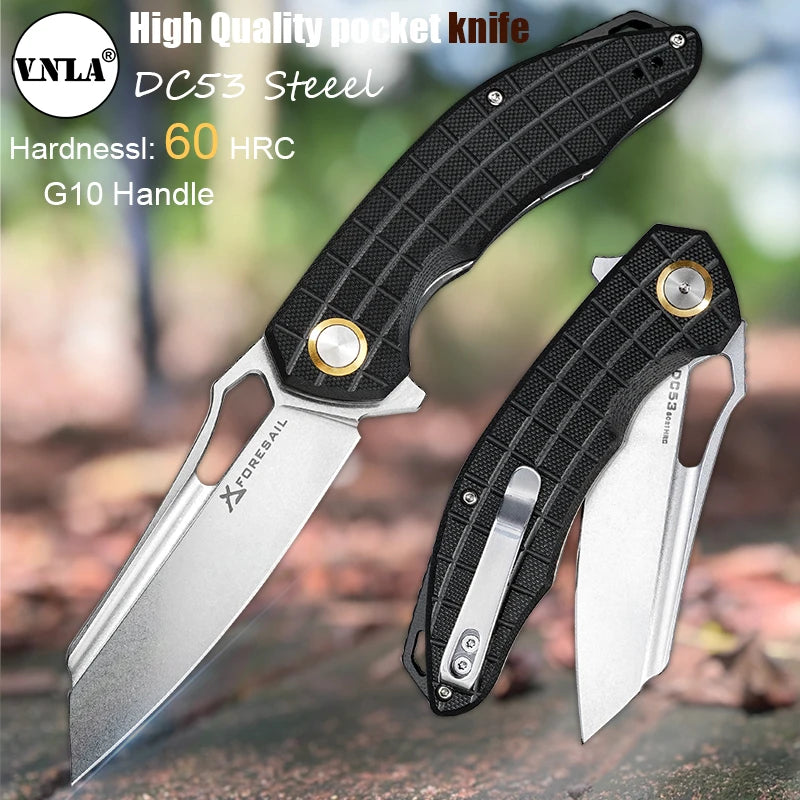 VNLA DC53 Steel sharp Folding Knife Outdoor Camping Hunting Cutting Survival Hiking Fishing portable Pocket clip EDC Tool Knife