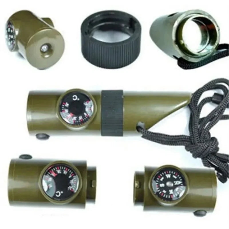 Survival Whistle with 6-in-1 Functions - LED Flashlight Compass Mirror Thermometer & Magnifier for Hiking Emergency