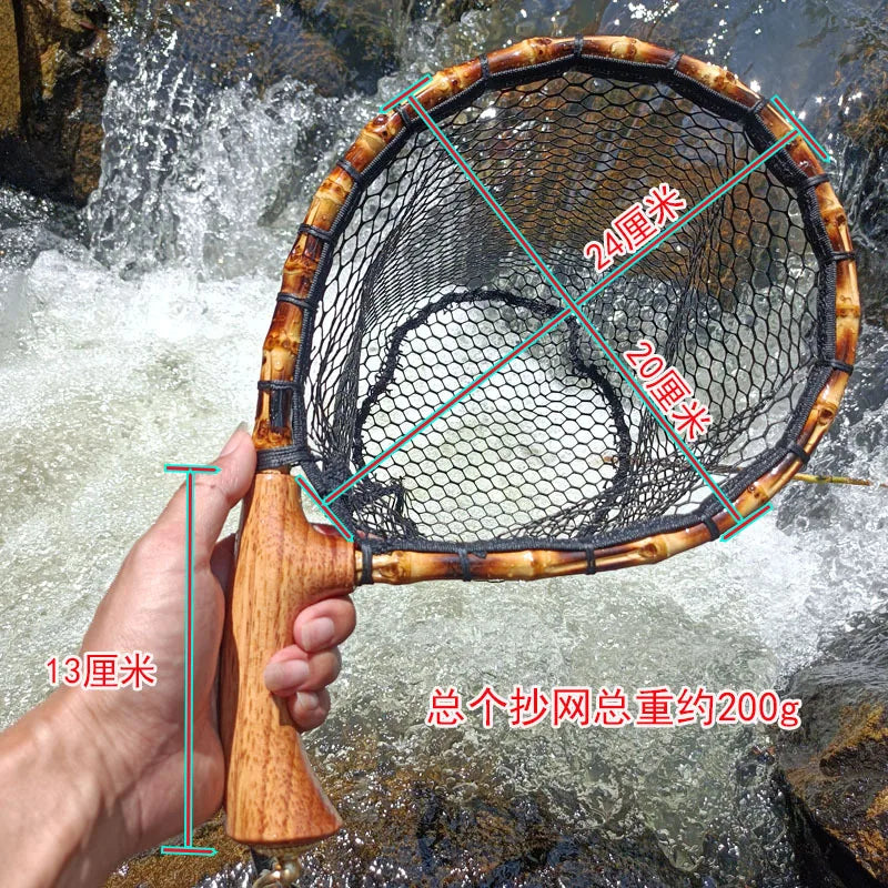 Fly Fishing Landing Net with Wood Handle, Wooden Frame, Soft Rubber Mesh, Waterproof Nylon Nets with Magnetic Release